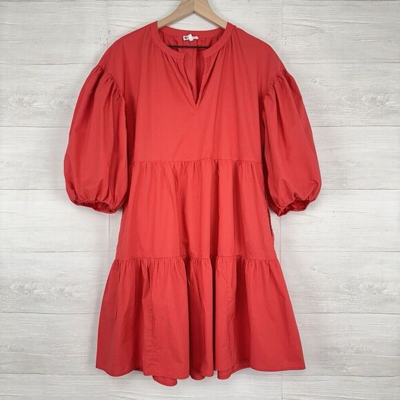 EVEREVE Sundry The Anywhere Babydoll Dress M Red Tiered Balloon Sleeves Cottage - Picture 2 of 16